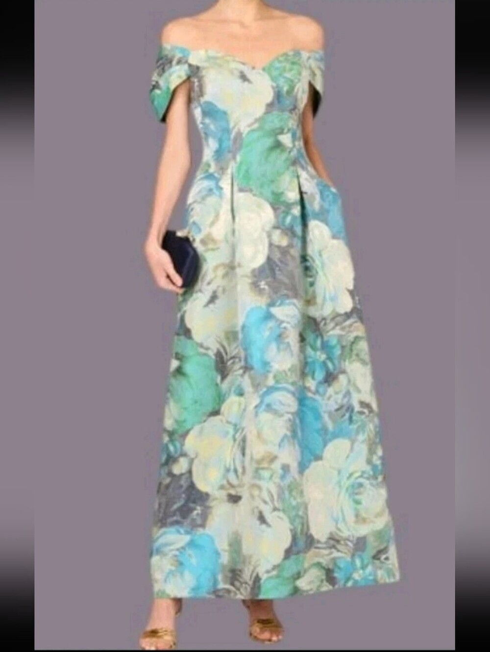 Adrianna Papell Aidan Mattox Floral Jacquard Maxi Gown Blue Green Size 4 NWT